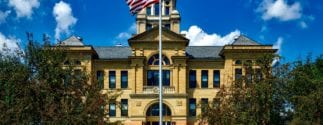 Historical Building Facade with an American Flag