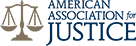 Logo for the American Association for Justice. Gold scales and blue text with the association's name.