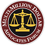 Multi-Million Dollar Advocates Forum logo. A red and black circle with gold scales in the center.