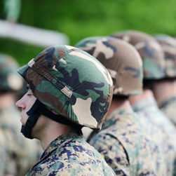 Soldiers in helmets in a formation