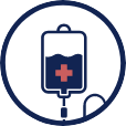 Blue illustration of a chemotherapy bag in a circle.