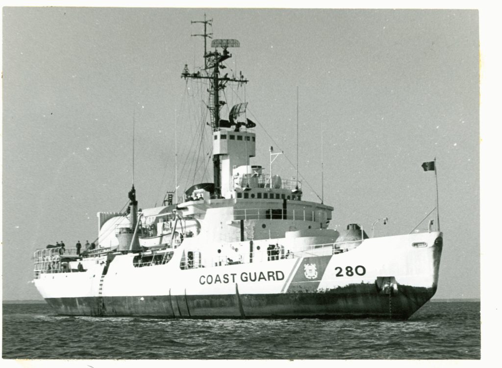black and white photo of coast guard ship