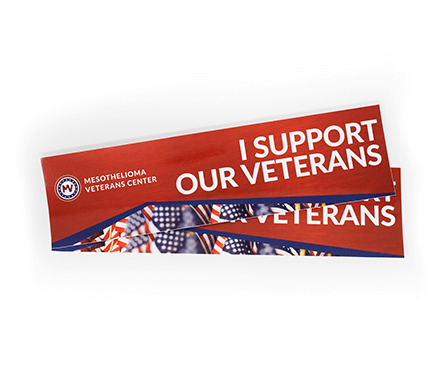 Mesothelioma Veterans Center bumper stickers to show support for veterans. The bumper stickers are red and say "I SUPPORT OUR VETERANS" in white letters.
