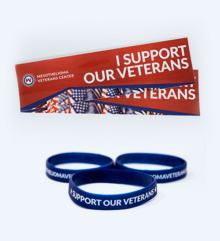 Image of red mesothelioma veterans bumper stickers and blue veterans support bands