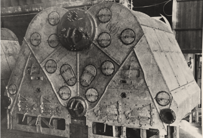 A black and white image of a water tube boiler