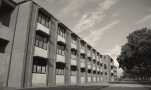 a black and white photo of an Army base