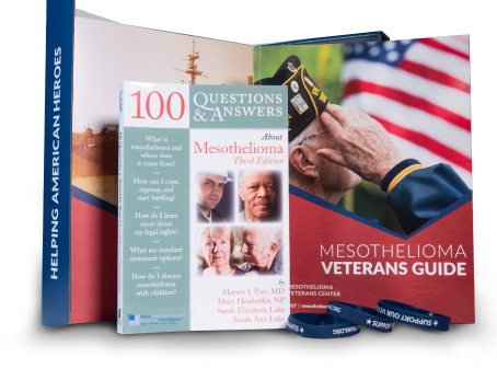 A group of mesothelioma resources grouped together: the Mesothelioma Veterans Guide, the 100 Questions & Answers About Mesothelioma book, and veterans support wristbands