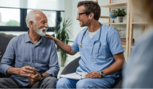 An older male patient meets with younger male doctor