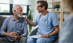 A smiling mesothelioma specialist rests his hand reassuringly on a patient's shoulder.