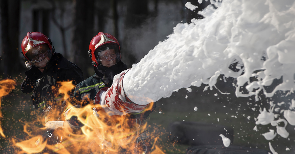 Firefighters use firefighting foam to extinguish large flame