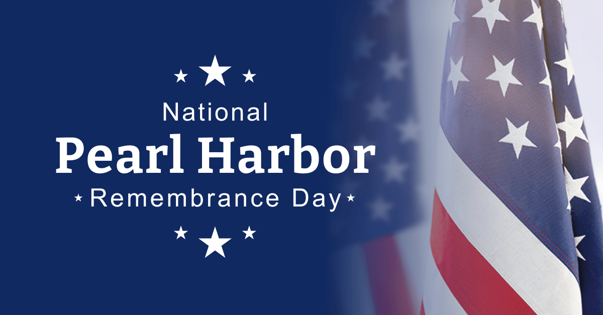 A logo saying "National Pearl Harbor Remembrance Day" with an American flag to the right