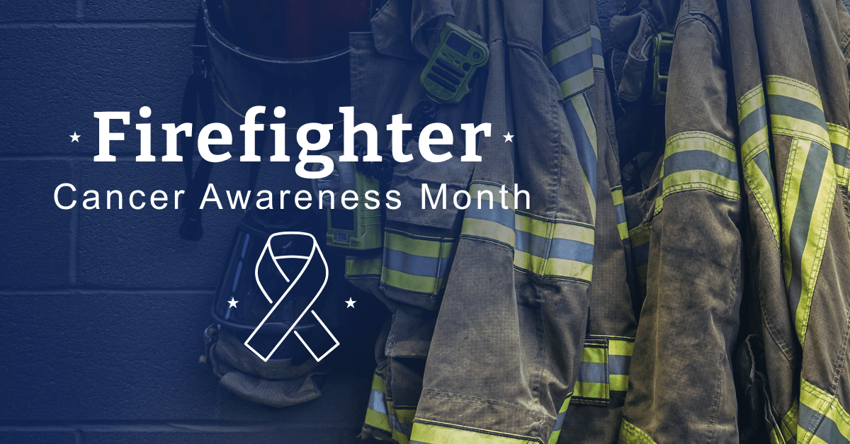Stylized image of firefighters uniforms fading into a blue background with white text that reads "Firefighter Cancer Awareness Month"