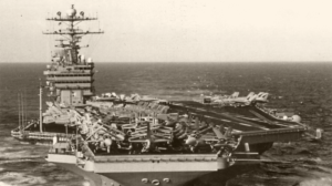 A black and white photo of an aircraft carrier