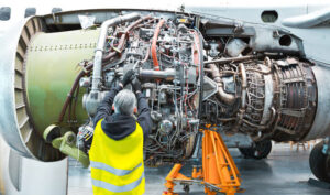 Engineer working on airplane engine