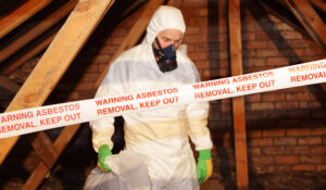 A man in a hazmat suit stands inside a building. Caution tape reading "WARNING ASBESTOS REMOVAL KEEP OUT" is seen in the foreground.