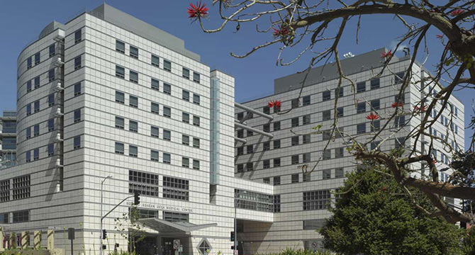 View of grey UCLA Medical Center buildings