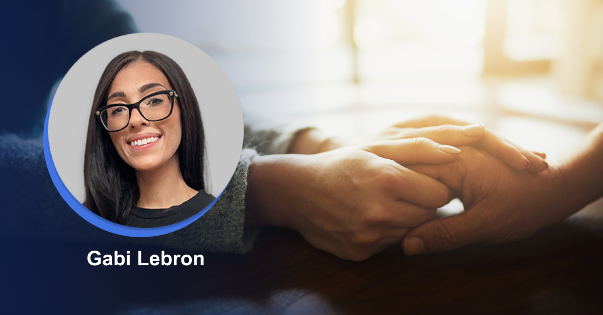 A headshot of Gabi Lebron in the foreground with an image of people holding hands in the background