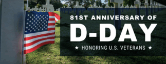 Image showing a graveyard with an American flag and text reading "81st Anniversary of D-Day"