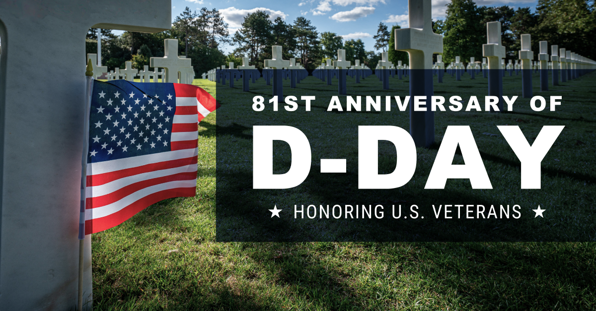 Image showing a graveyard with an American flag and text reading "81st Anniversary of D-Day"