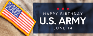 A closeup of an Army uniform's American flag patch with text reading "Happy Birthday U.S. Army June 14"